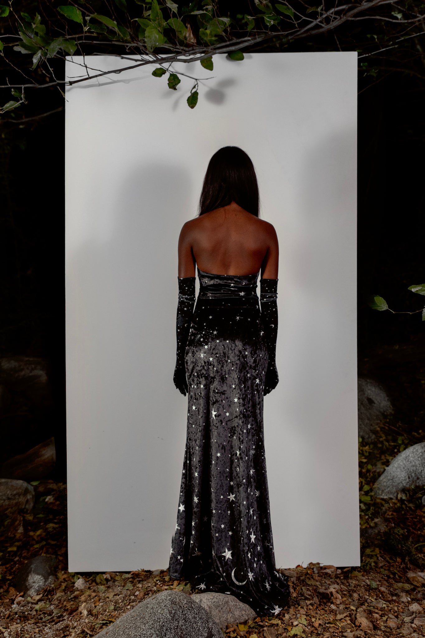 Person wearing a black celestial patterned dress standing against a white backdrop with a natural setting around.